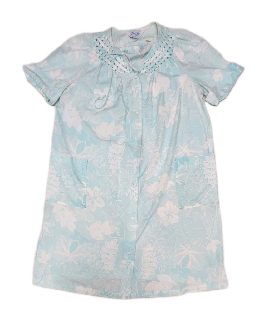 Leisure Life Housecoat Robe Womens Blue Floral Snap Front 70s Granny Vintage