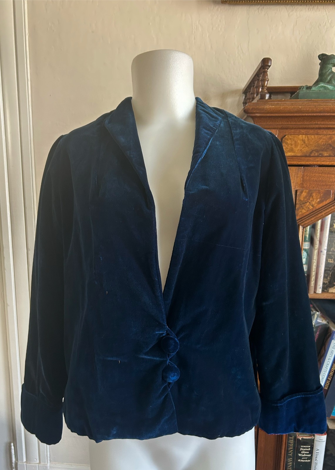 Antique 1920s 30s Vintage Sapphire Blue Velvet Silk Lined Jacket Art Deco XS