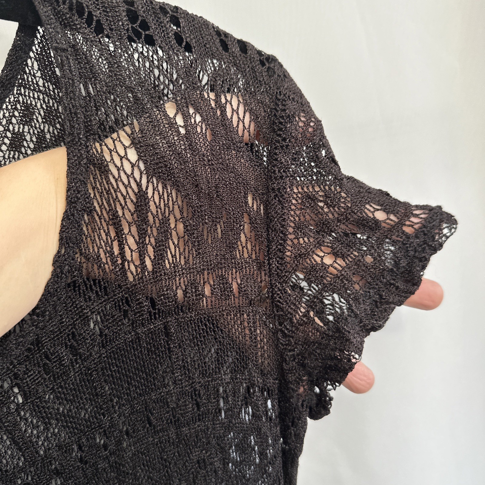 Vintage Brentwood Black Lace Overlay Dress Sheer Crochet Knit Short Sleeve