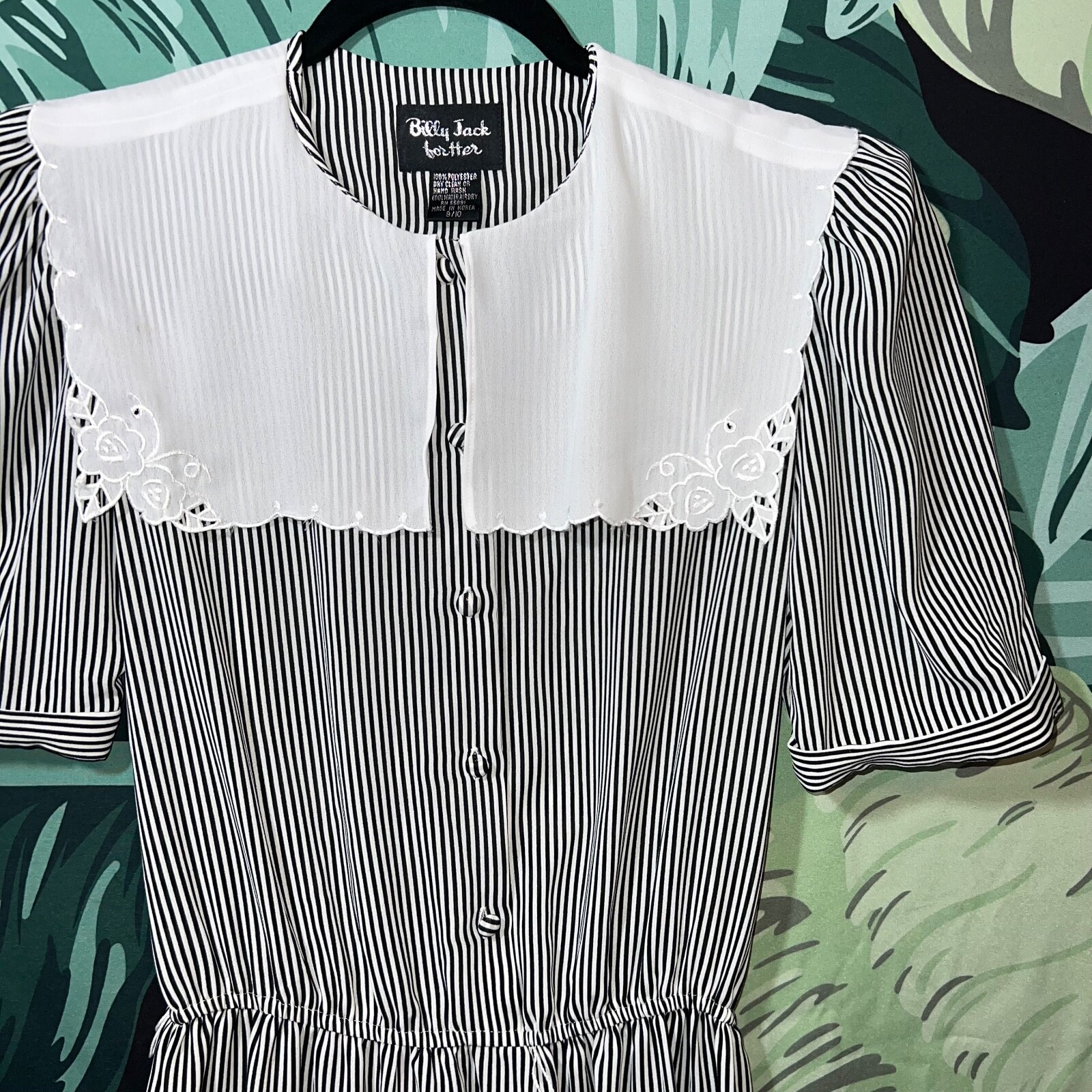 Vintage Billy Jack For Her Black & White Striped Dress Bib Collar Size 8/10