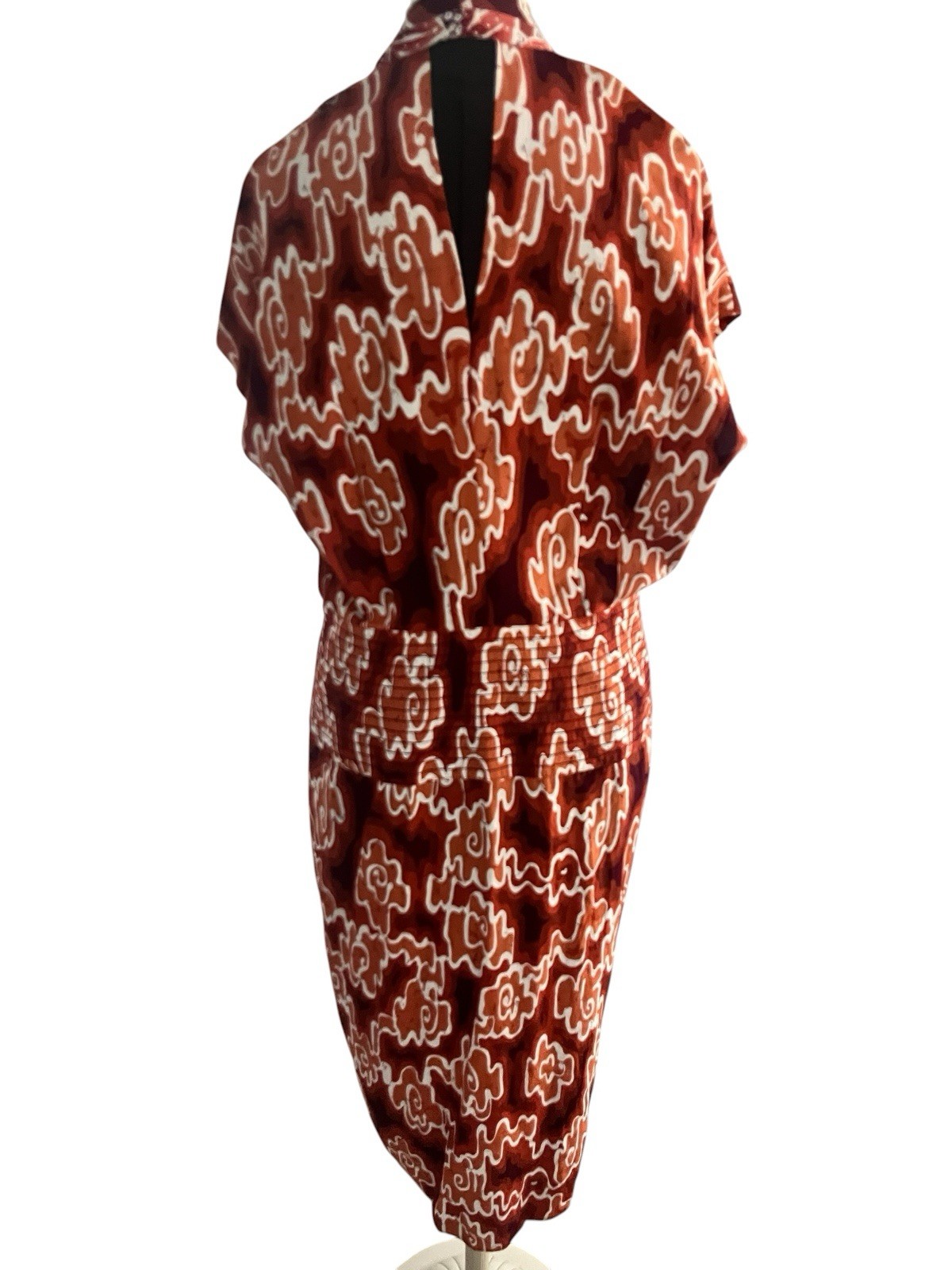 Vintage Barbara Barbara Rayon Wrap Effect Batik Print Dress Rust Cream Large