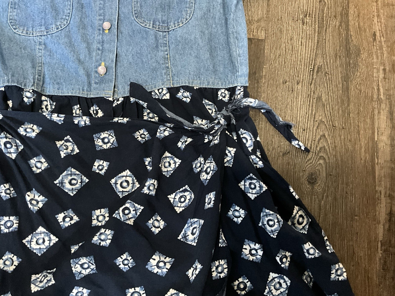 VTG 90s True Blue Denim & Lace Midi Jumpsuit Pearl Snaps Boho Cottage 13/14