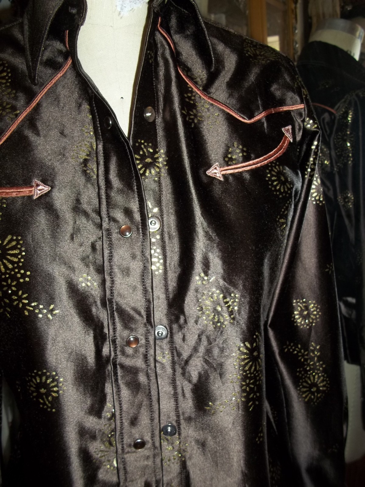Vintage Panhandle Slim Western Shirt S-M Arnel Brown Gold Metallic Snaps 70s 80