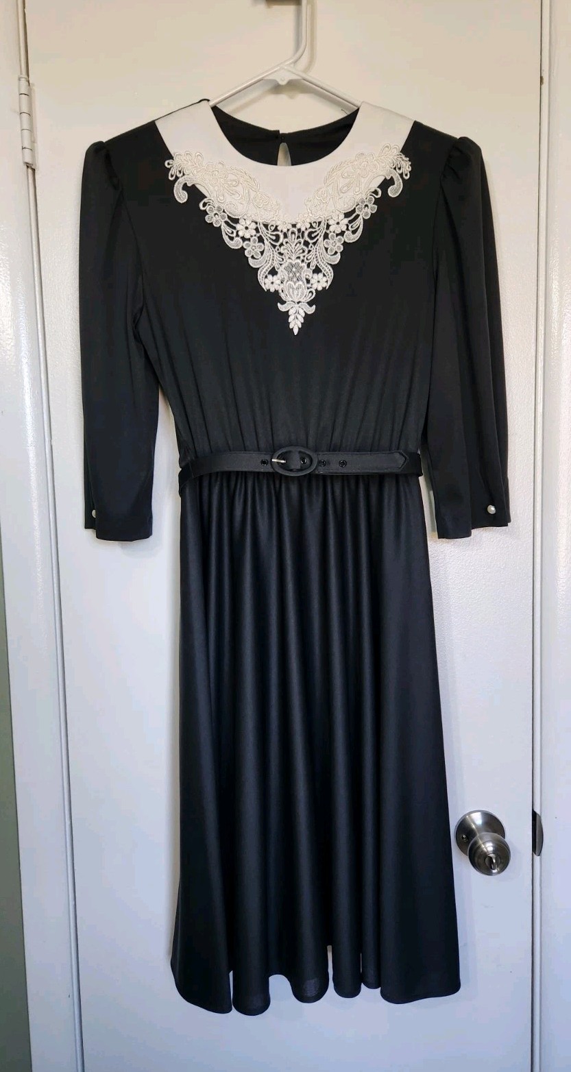 Vtg 80s 40s Whirlaway Frocks Black White Lace Collar Midi Dress Twirl Belted 6 P
