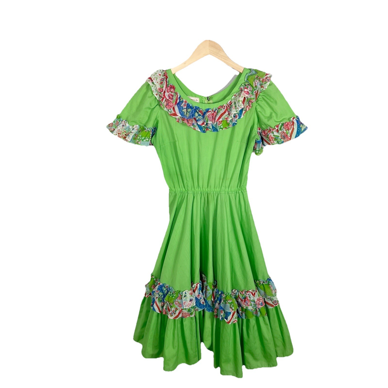 Vintage 70s Square Wear Square Dance Dress Green Floral Cottage Country Medium