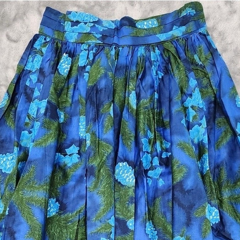 Vintage 40s 50s VIP Fabrics Skirt Womens S Blue Green Floral Pleated Maxi Zip