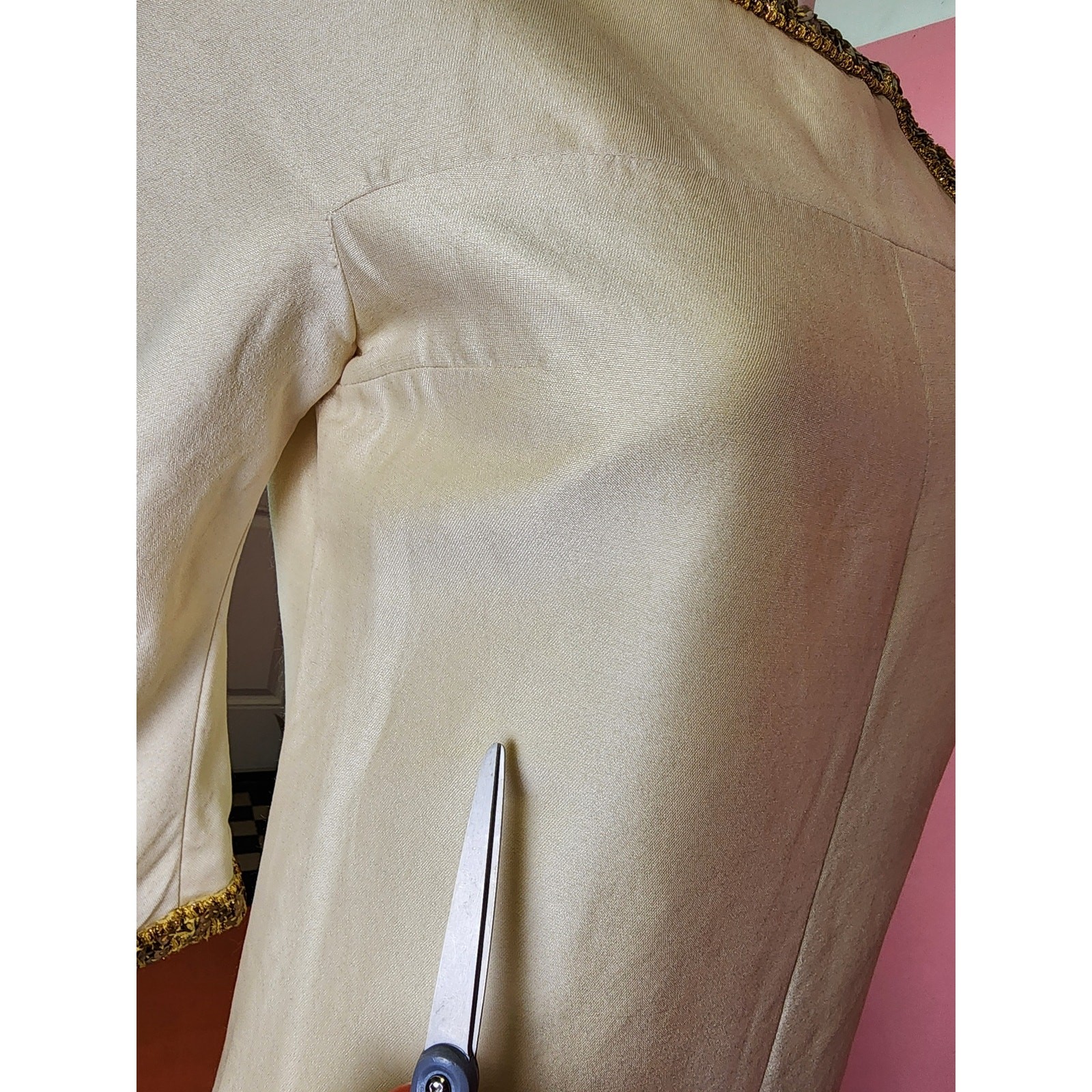 Vintage 1960’s Champagne Cream Gold Cord Trim Rhinestone Shift Dress I. Magnin