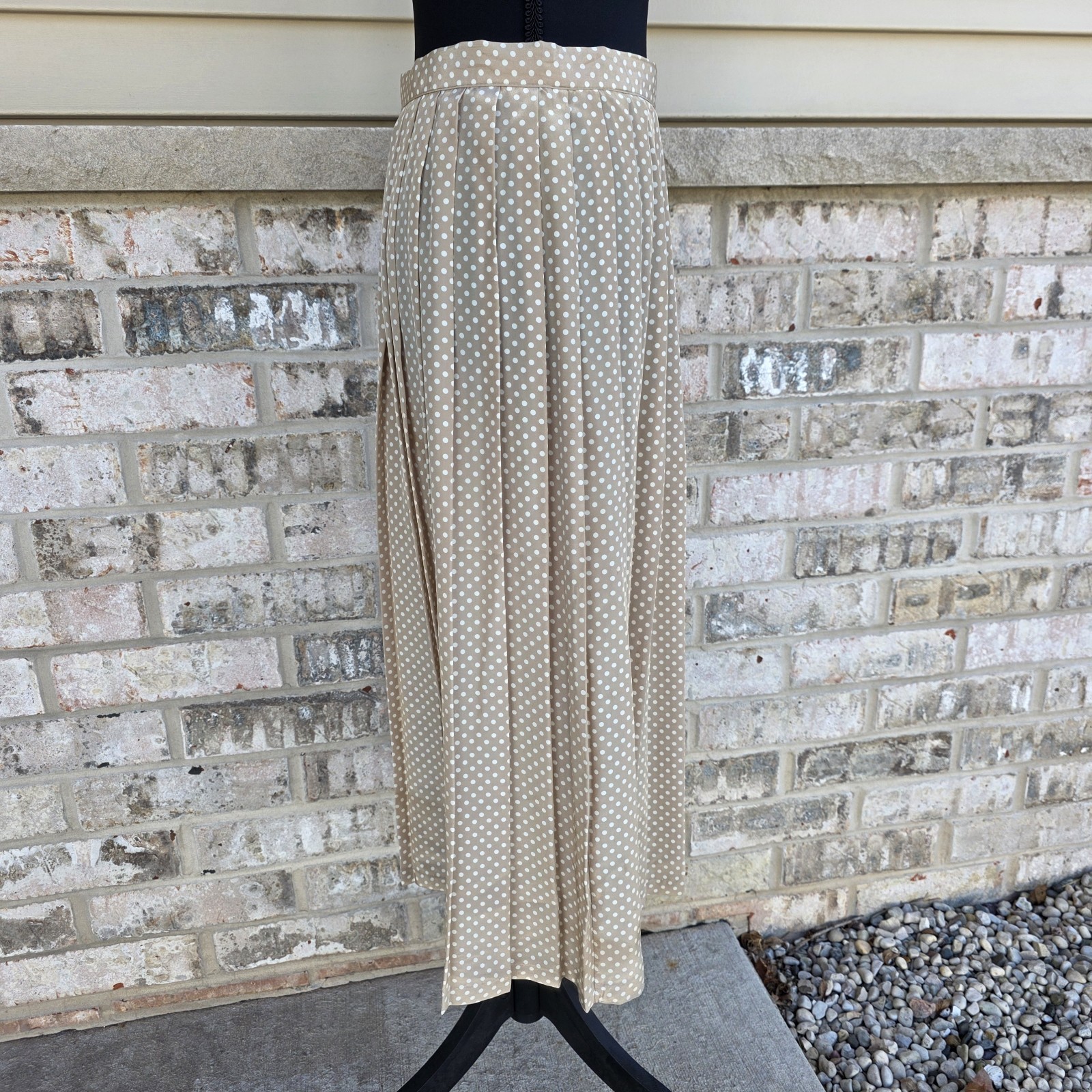 Vintage 80s Polka Dot Pleated Midi Skirt Tan Cream Russ Made USA ILGWU Size 10