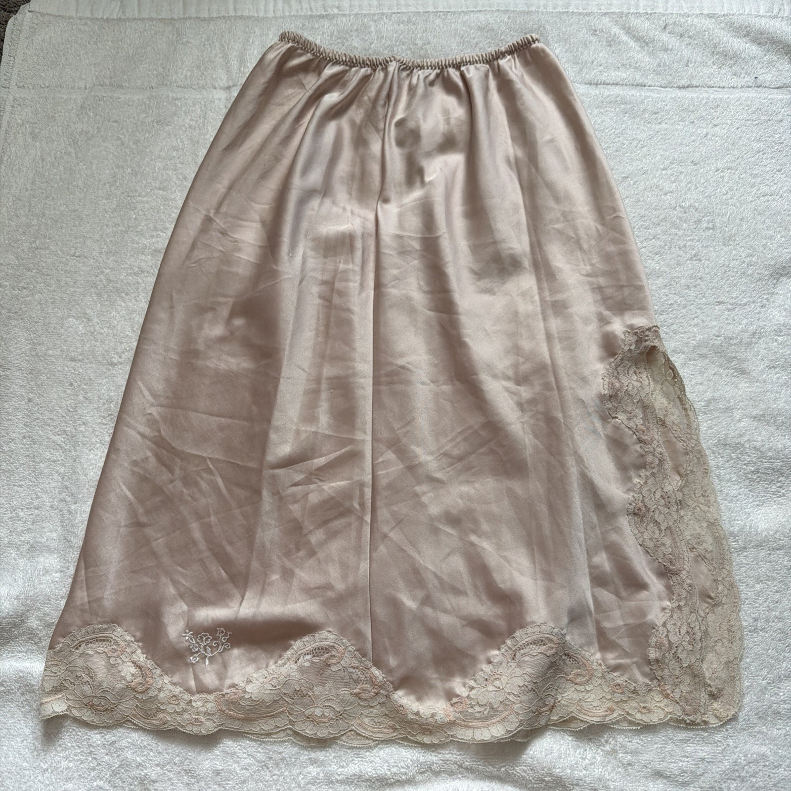 Vintage Christian Dior Intimates beige Satin Half Slip with White Lace Trim