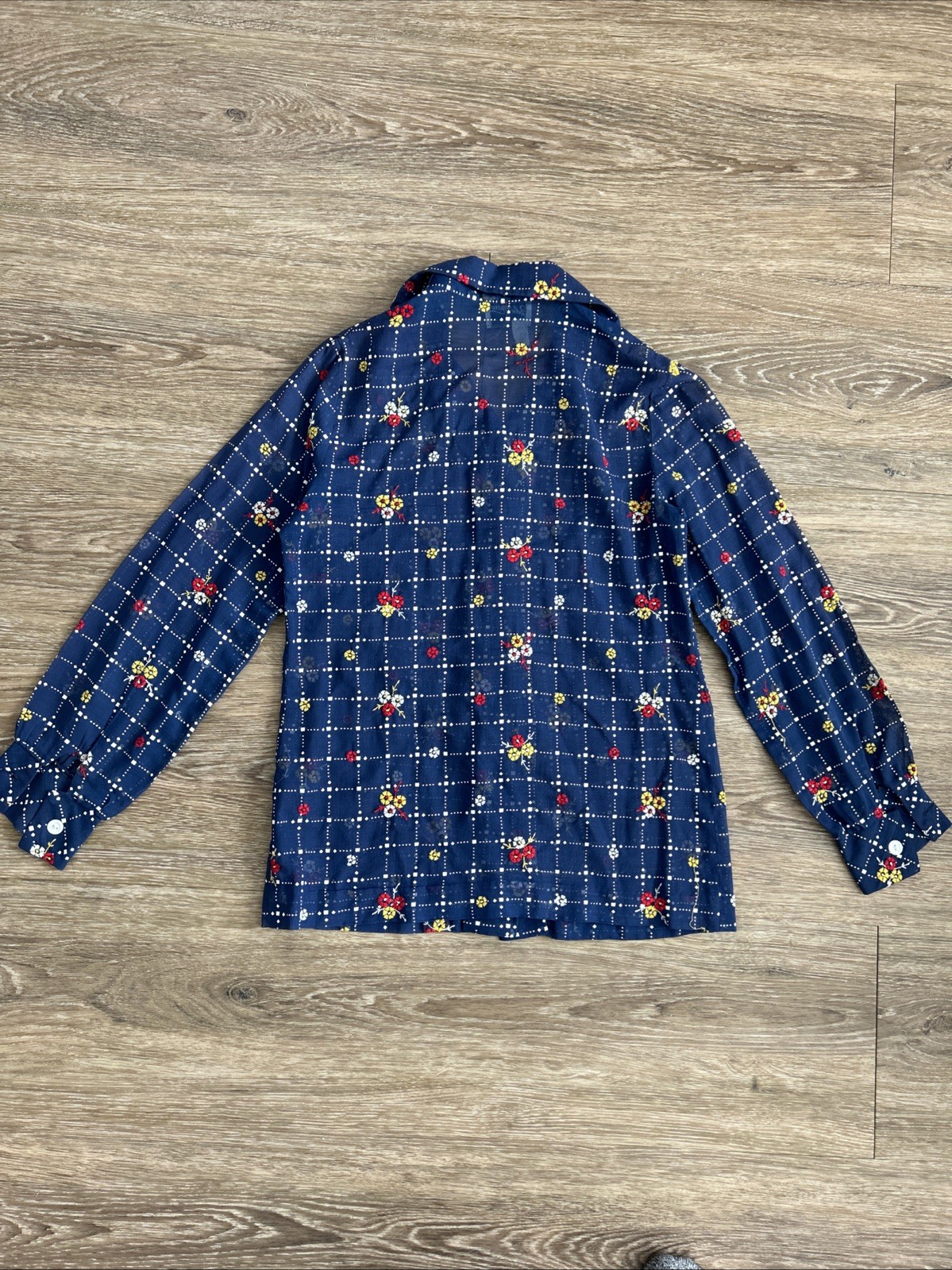 Vtg Womens JULIE MILLER California Blouse Hand Embroidered Sheer Shirt Navy Sz6