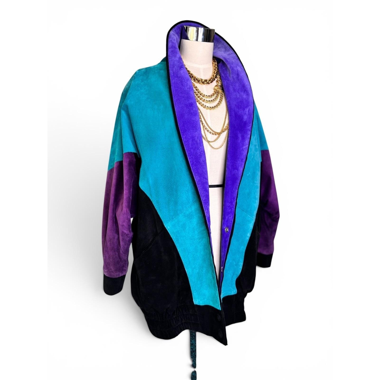 Rare Vintage Mary Hoffman Black, Teal, Purple Suede Color Block Suede Jacket M