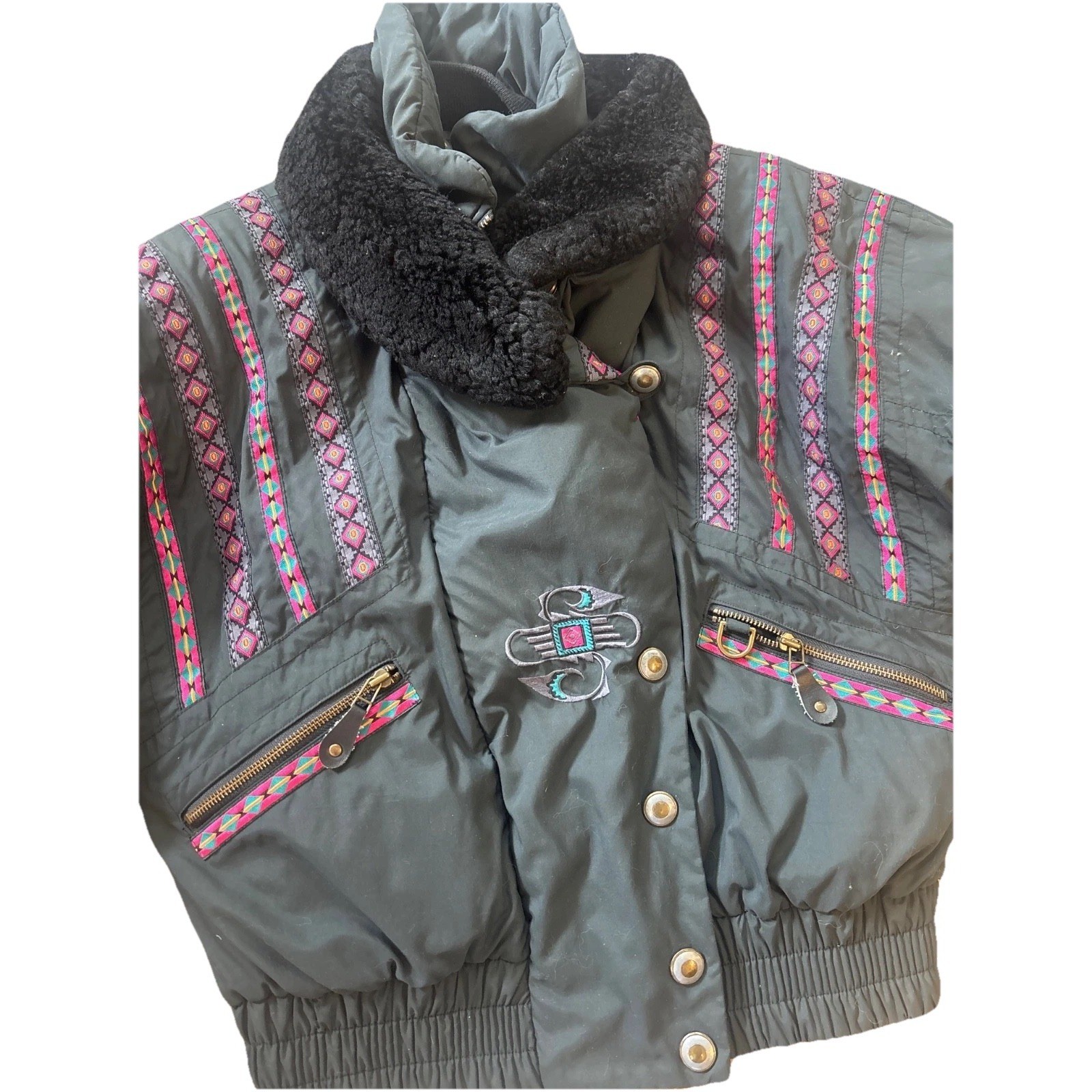 VTG Head Skiwear Women Sz 8 M BLK Southwestern Embroidery Bomber Ski Jacket 1202