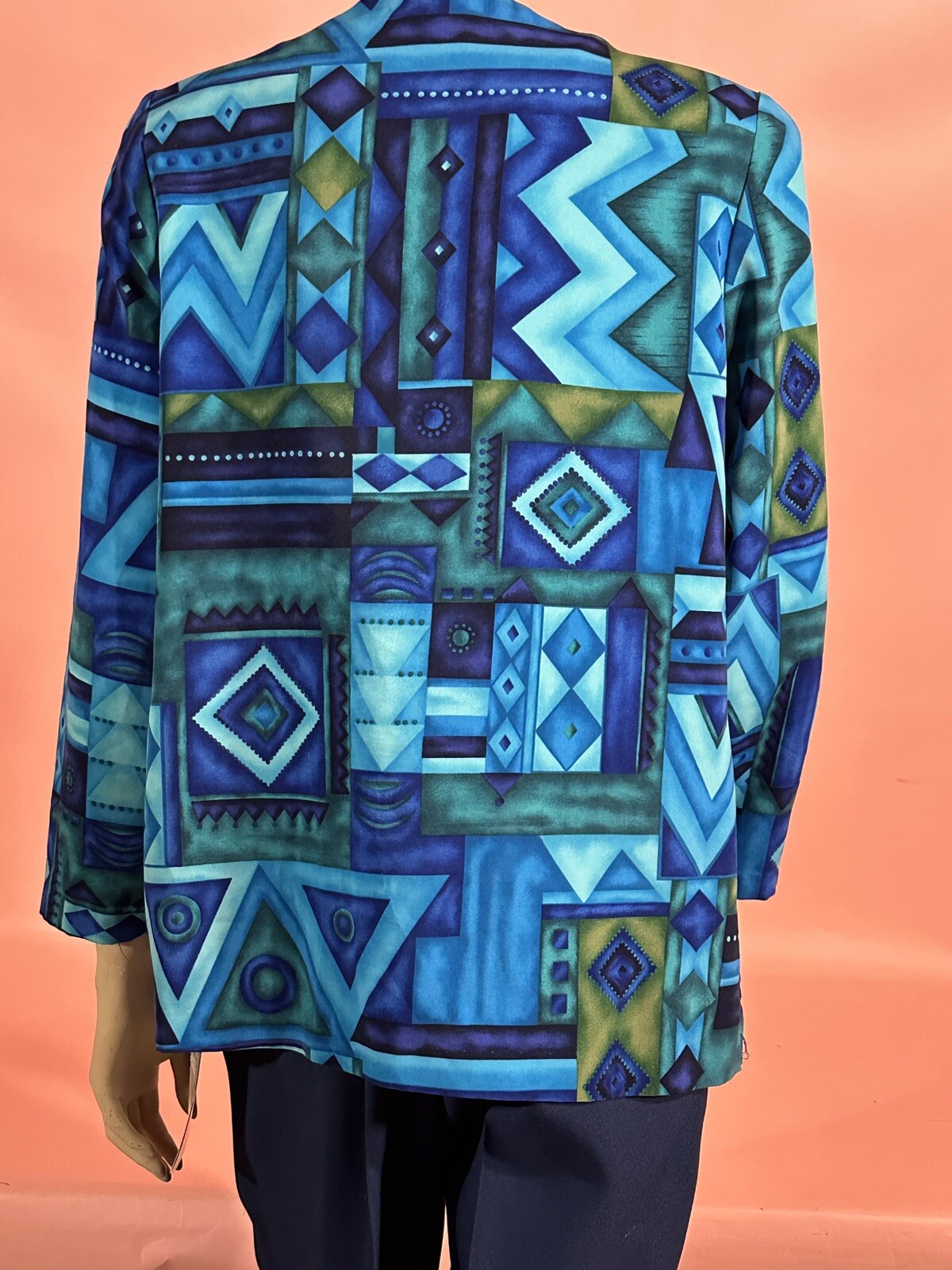 VTG N Touch Petites 80’s Women’s Blouse Turquoise Shoulder Pads Geometric
