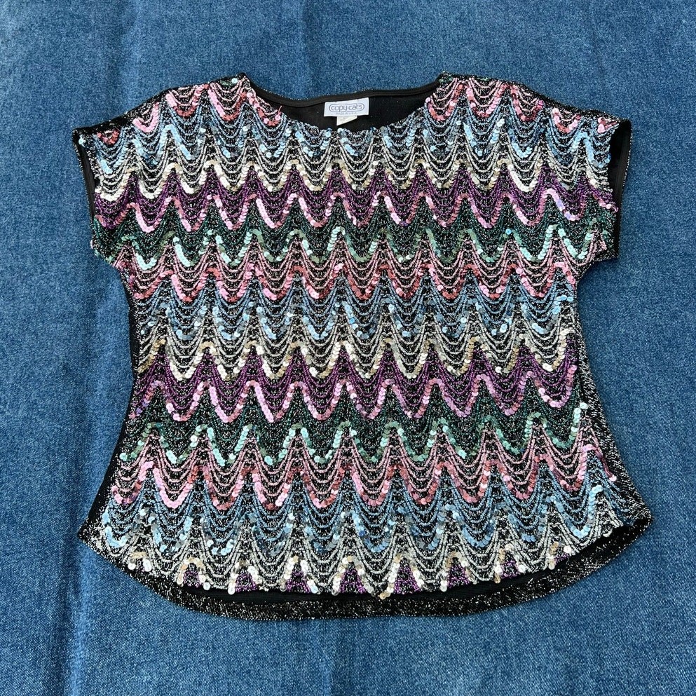 80s Copy Cats metallic silver sequin wave pattern top