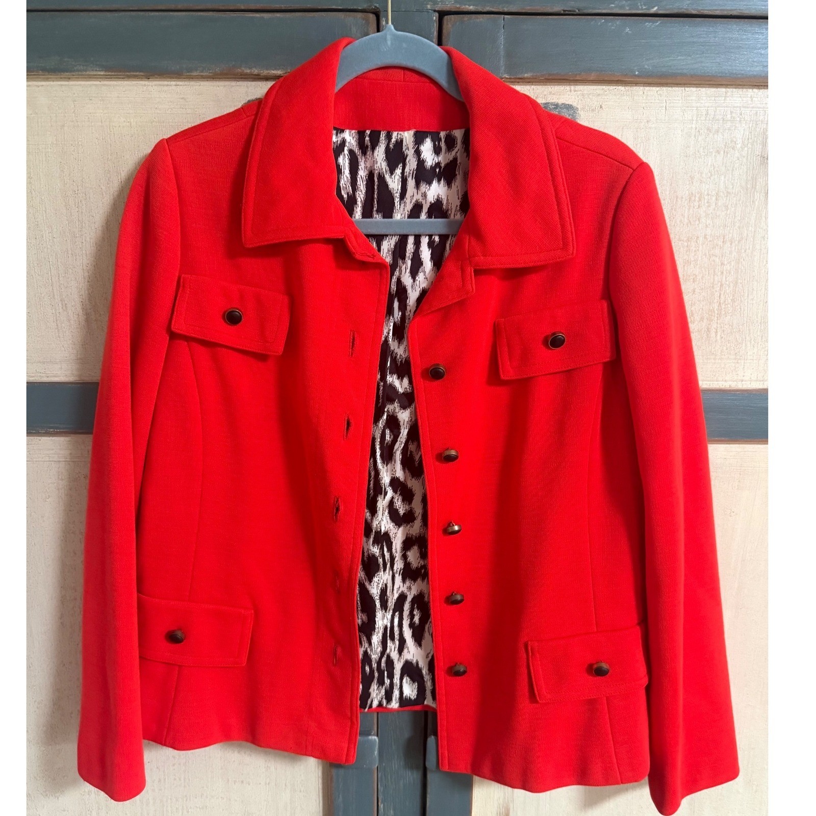 Vintage Red Button Front Jacket Blazer Leopard Print Lining Red M/L Mobwife