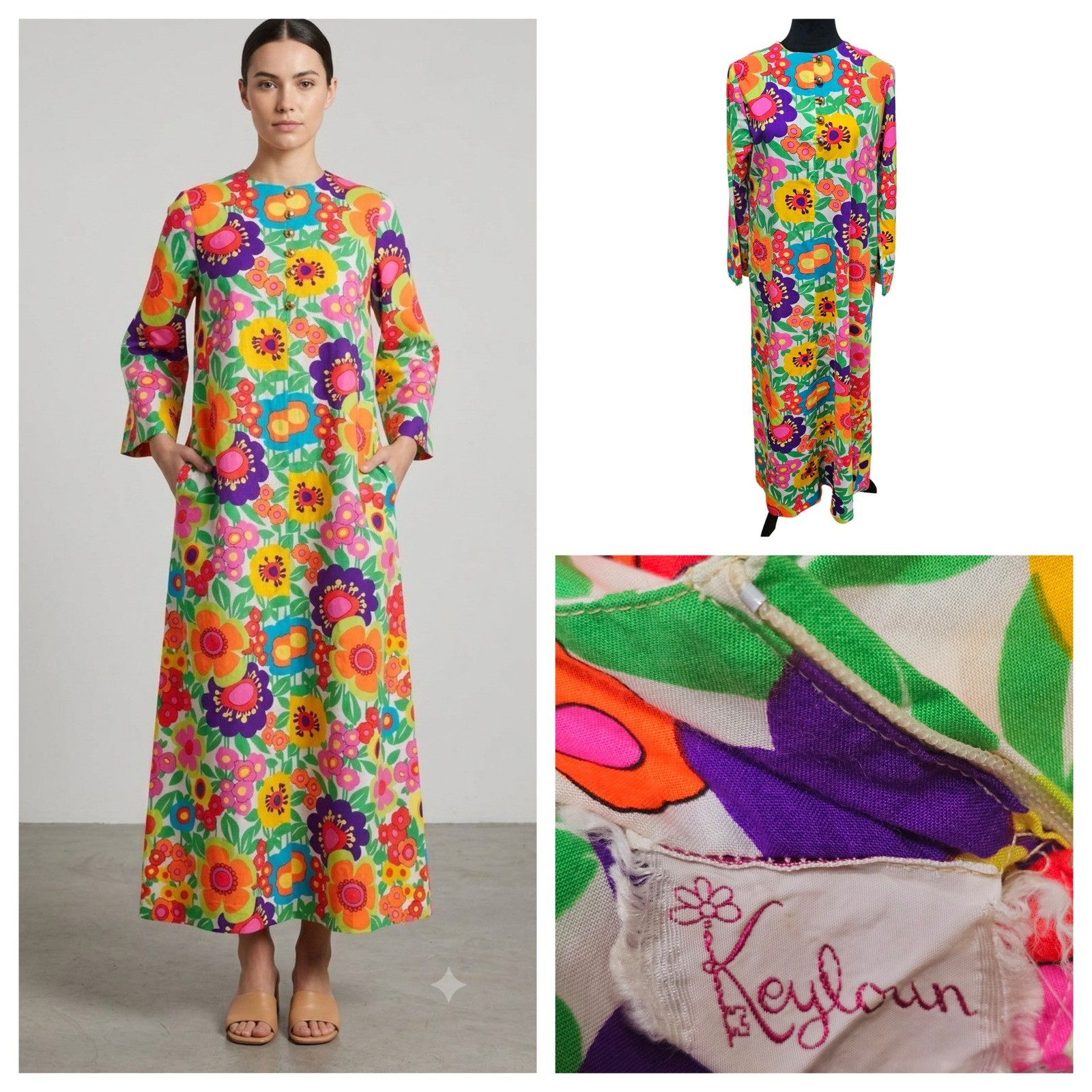Keyloun Kaftan Maxi Dress Med Vintage 60s 70s Psychedelic Flower Power Retro Mod