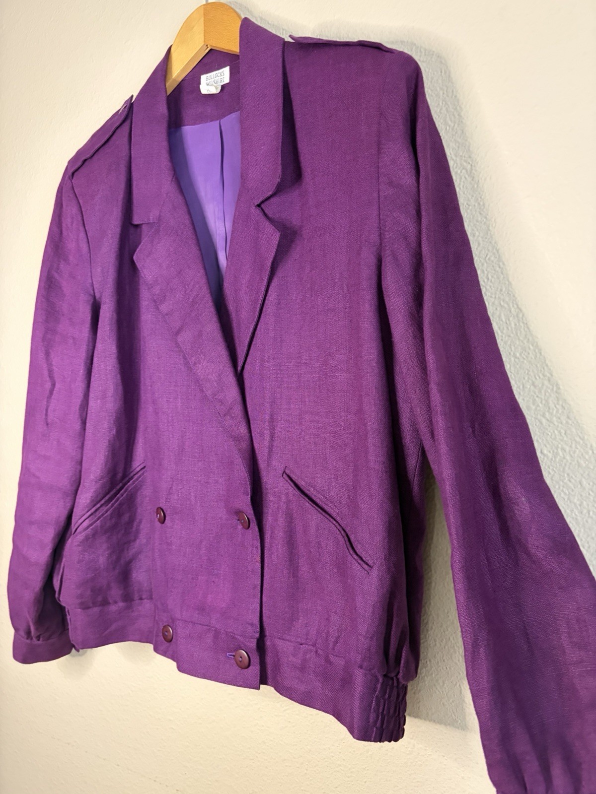 VTG 80s 90s BullocksWilshire Purple 100% Linen Pantsuit Set M 12 Power Suit Pads