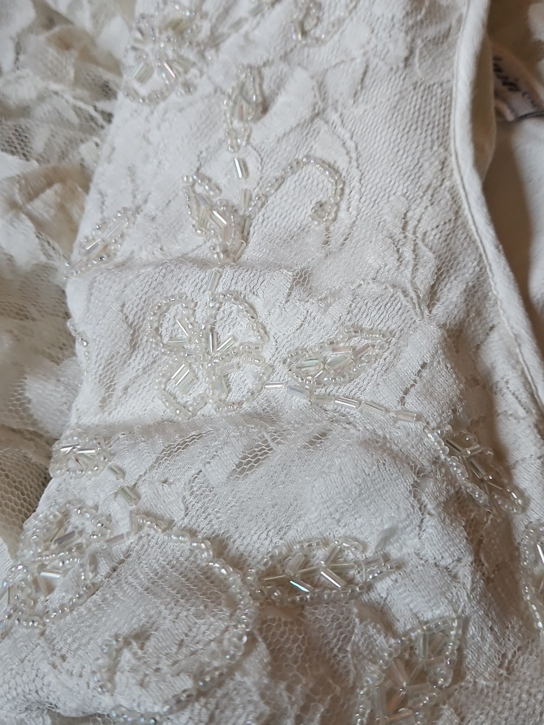 Vintage NOSTALGIA Ivory Off White Lace & Iridescent Beading Maxi Dress*Large