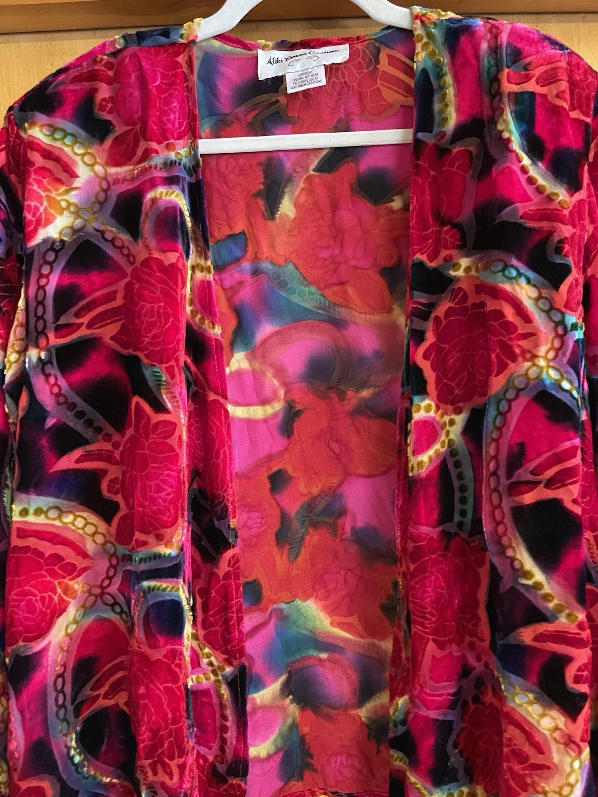 Vintage ALIKI YAMANI CREATIONS, XL, Silk Rayon Cardigan, Burn Out Velvet, EUC