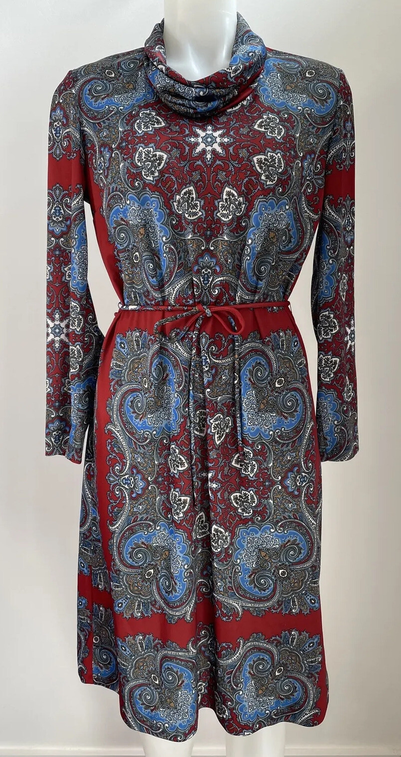 VTG 70s Knit Jersey Neck Dress Paisley Cowl Neck Polyester Andrea Gayle SZ M
