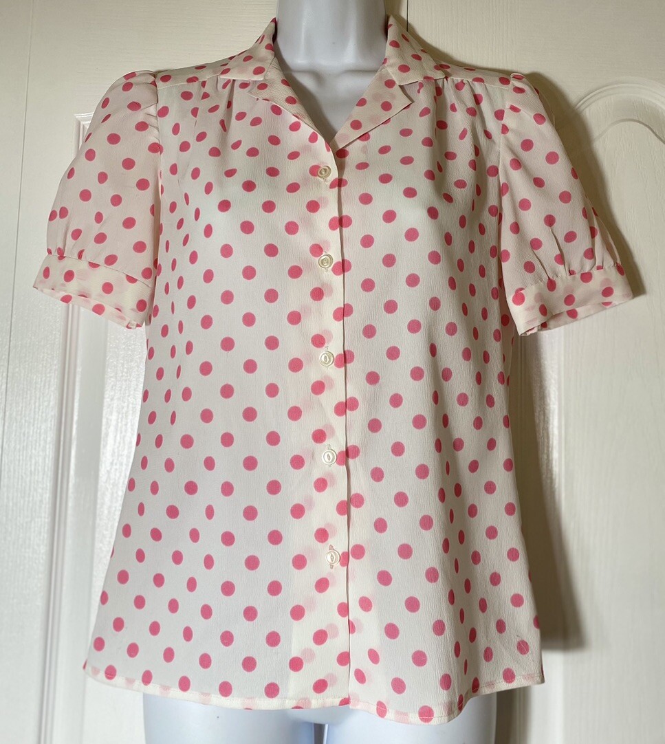 Vintage 80’s Retro Short Sleeve Blouse Shirt Pink Polka Dots Medium