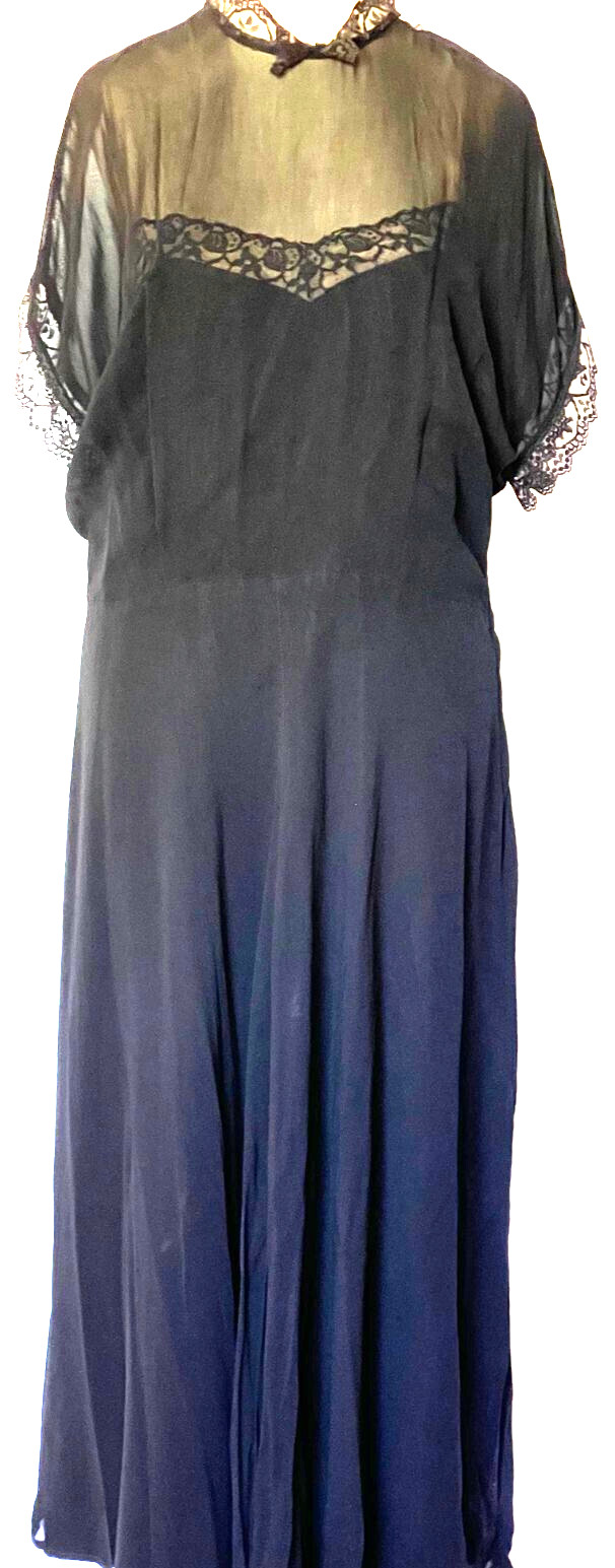 VTG 50s Black Chiffon Mid-Length Dress W/Taffeta Slip Lace See-through SZ M