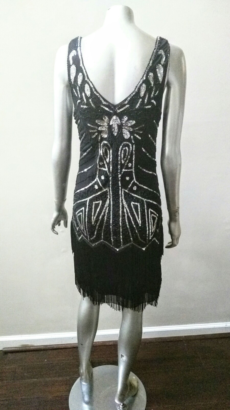 EMBROIDERED SILVER SEQUINS & BEADED OP ART TIERED FRINGED MOD FLAPPER DRESS S/M