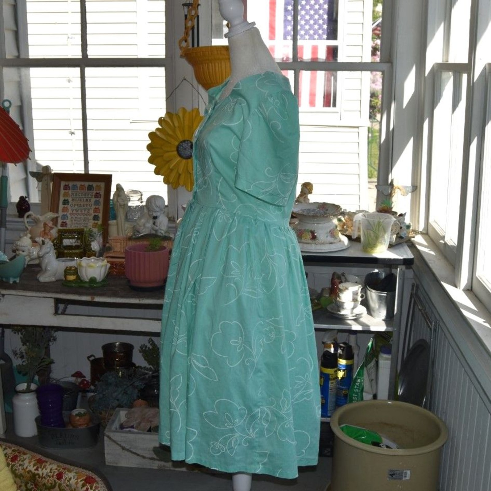 Vintage 80s Mint Green Floral Dress Puff Sleeve Cottagecore Prairie M
