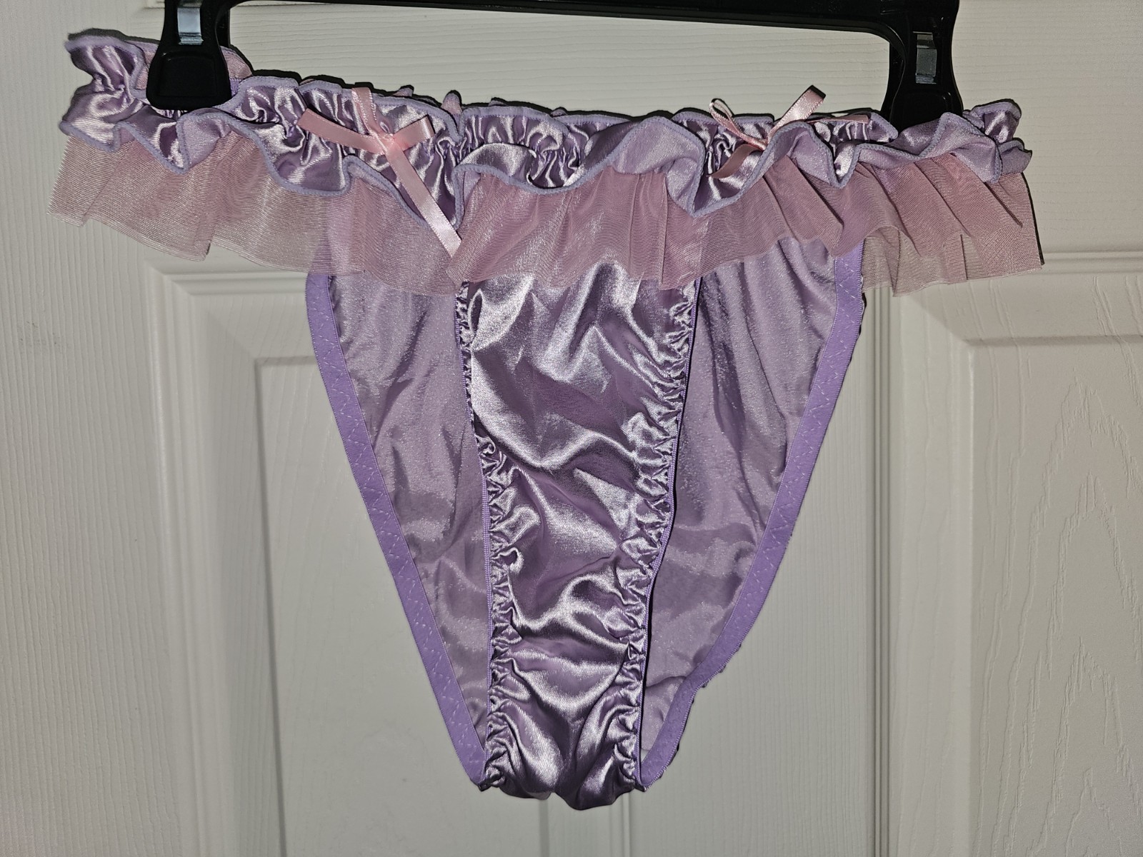 Vintage Girly Glossy Satin String Bikini Panties. Size Large