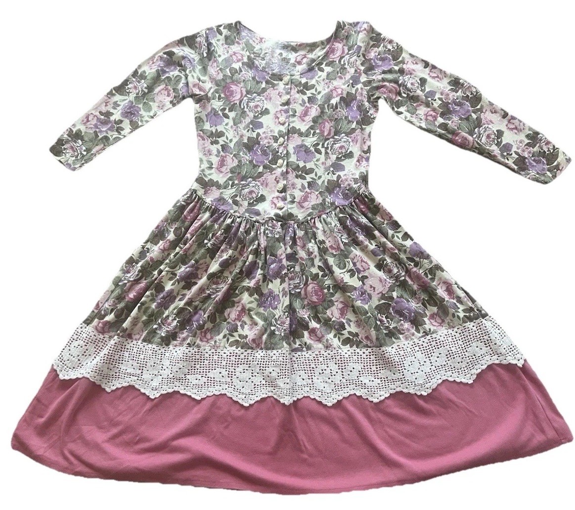 Vintage 80s 90s Cottagecore Dress Romantic Roses Lace Trim S/M