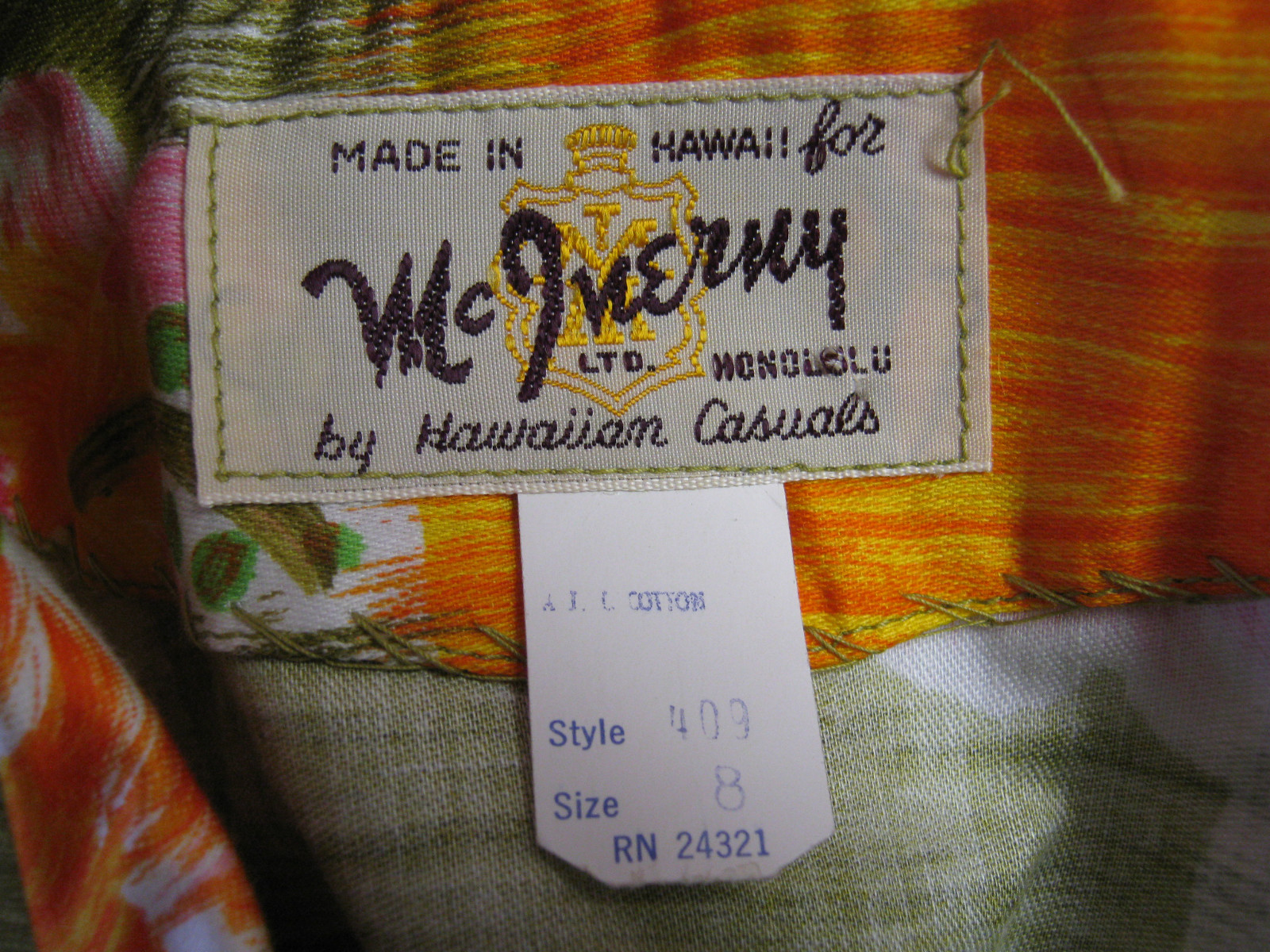 VTG NWT 60’s McInerny Aloha Shirt Size 8 Made in Hawaii