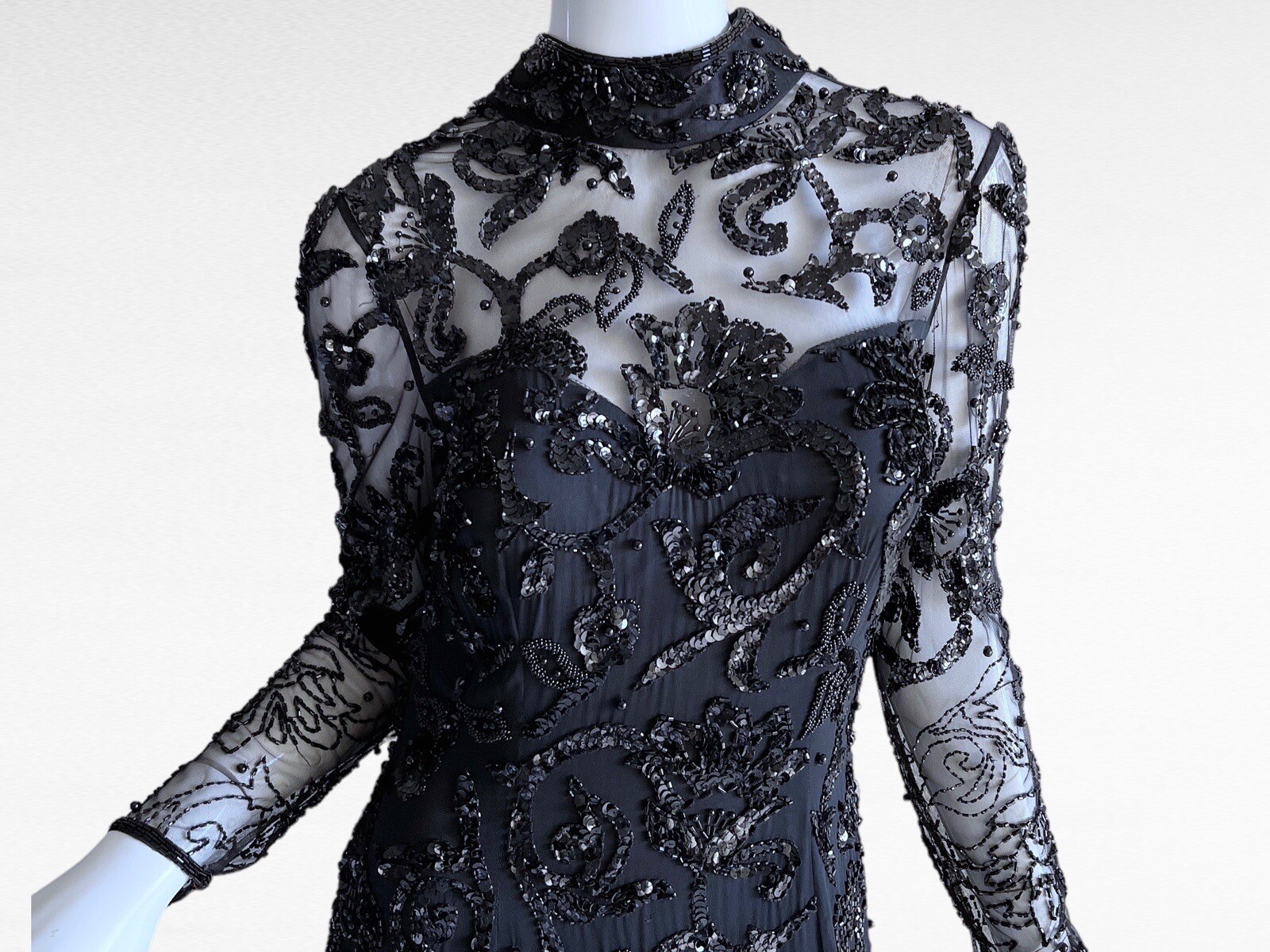 1980s Black Sequin Beaded Victorian Edwardian Goth Evening Dress Medium