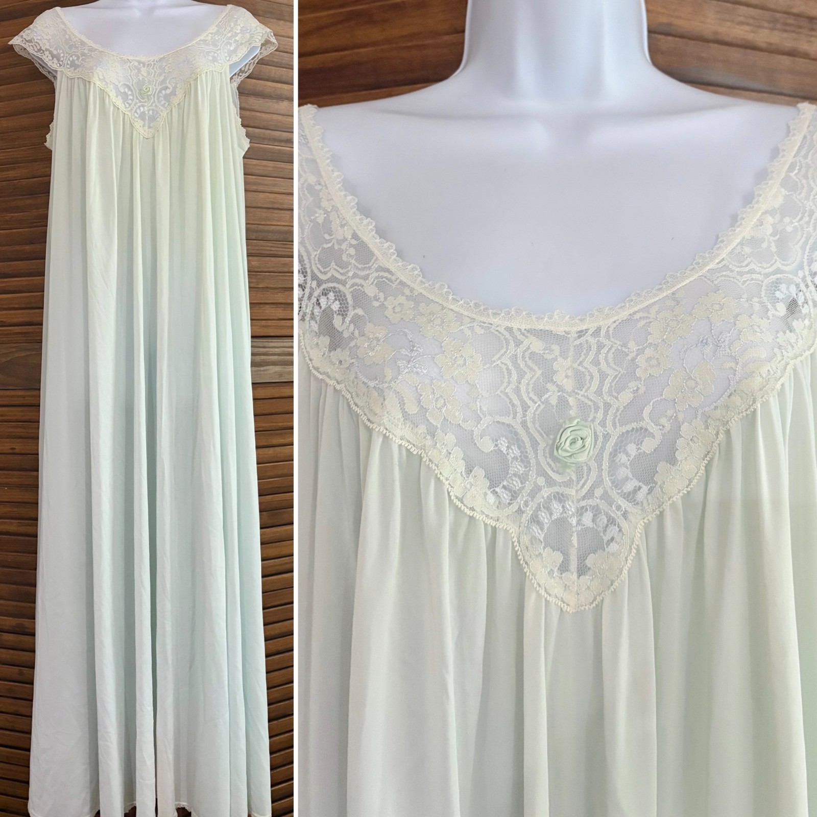 Vintage Miss Elaine Lace Maxi Nightgown – Pale Mint Green Nylon, Size M