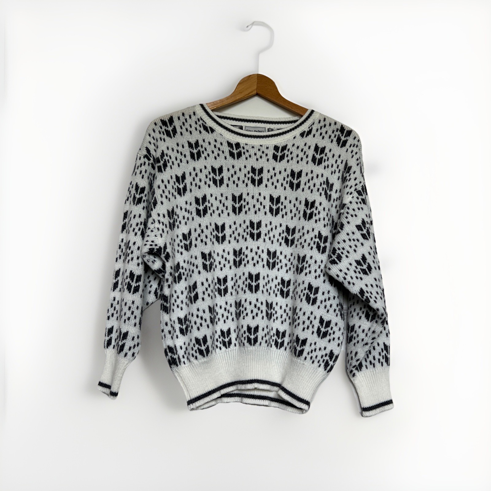 Vintage Sweater Gina Peters Gray White Fair Isle Pattern Women’s Size M