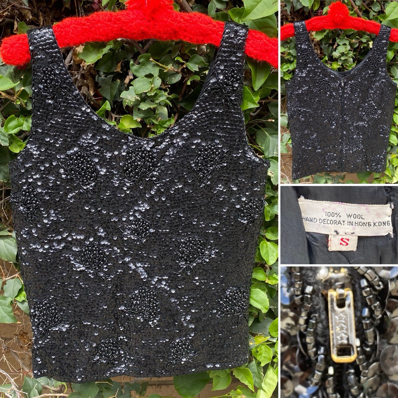 Black Sequin Beaded Wool Top Hong Kong Metal Zip Pinup Glam Tank S 50s 60s Vtg