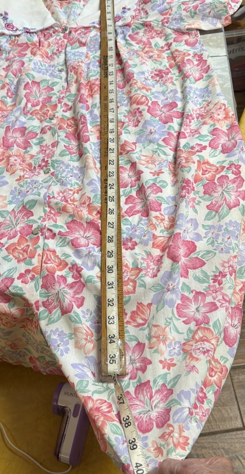 Vtg Comfort Coat House Coat Dress Snap Embroidered Pockets Cottage Core Sz L