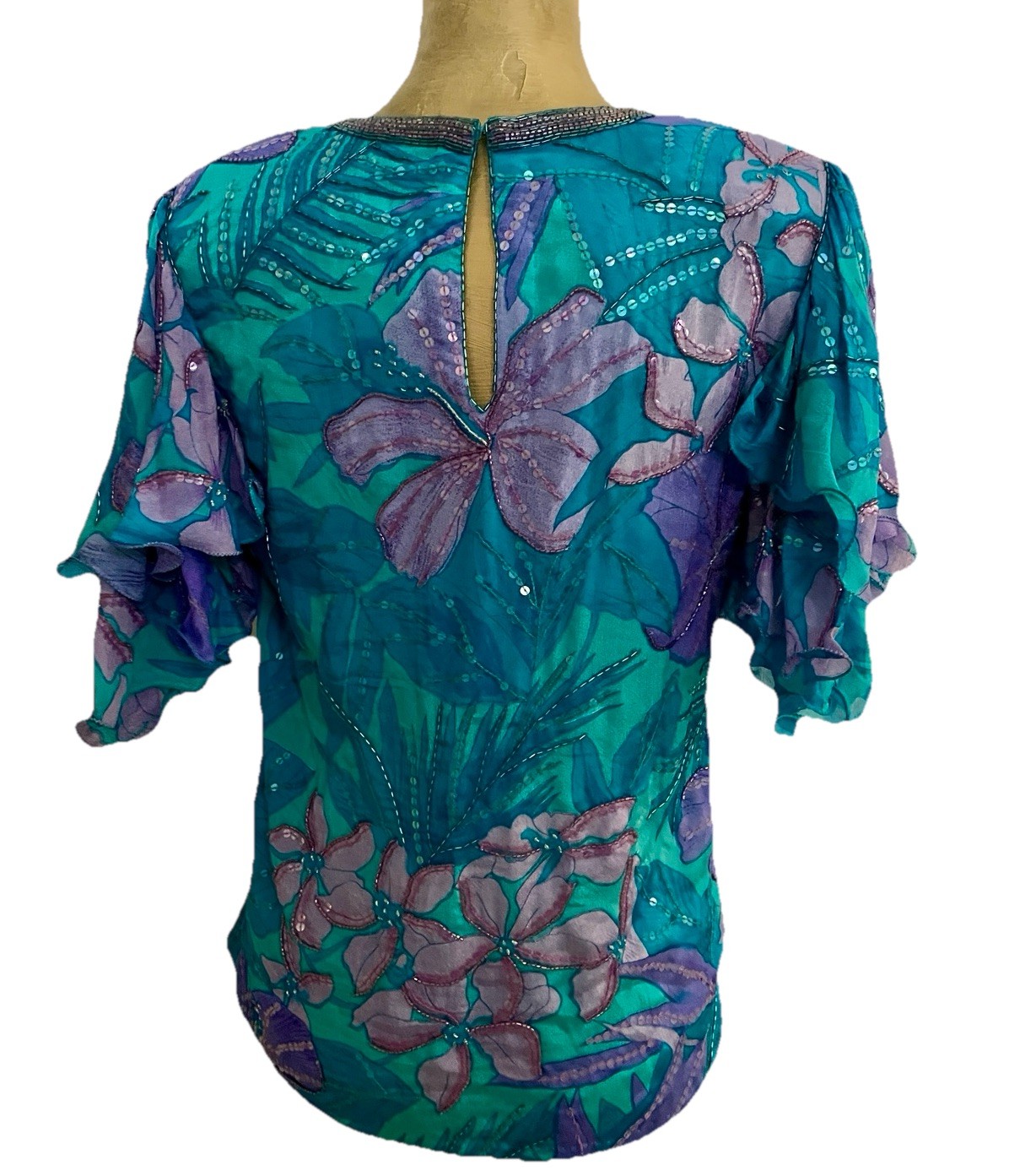JUDITH ANN CREATIONS Vintage 80’s SILK Beaded TROPICAL Floral BLOUSE Size Small