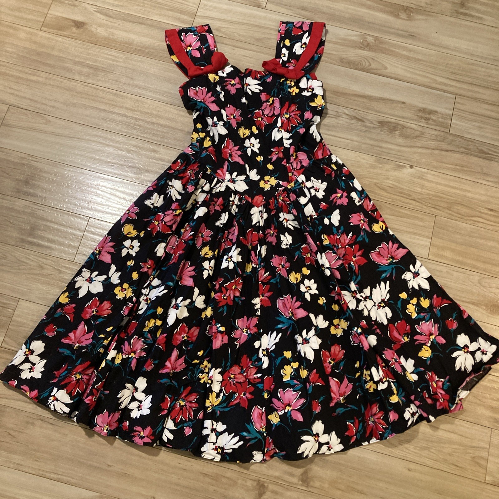 Vintage REO Originals Dress Size 12 / L Black Floral Ribbon Maxi 1970s USA Made