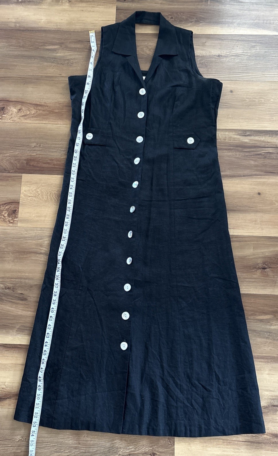 Vtg 90s Linen Blend Black Collared Sleeveless Mother Of Pearl Maxi Dress Size 14