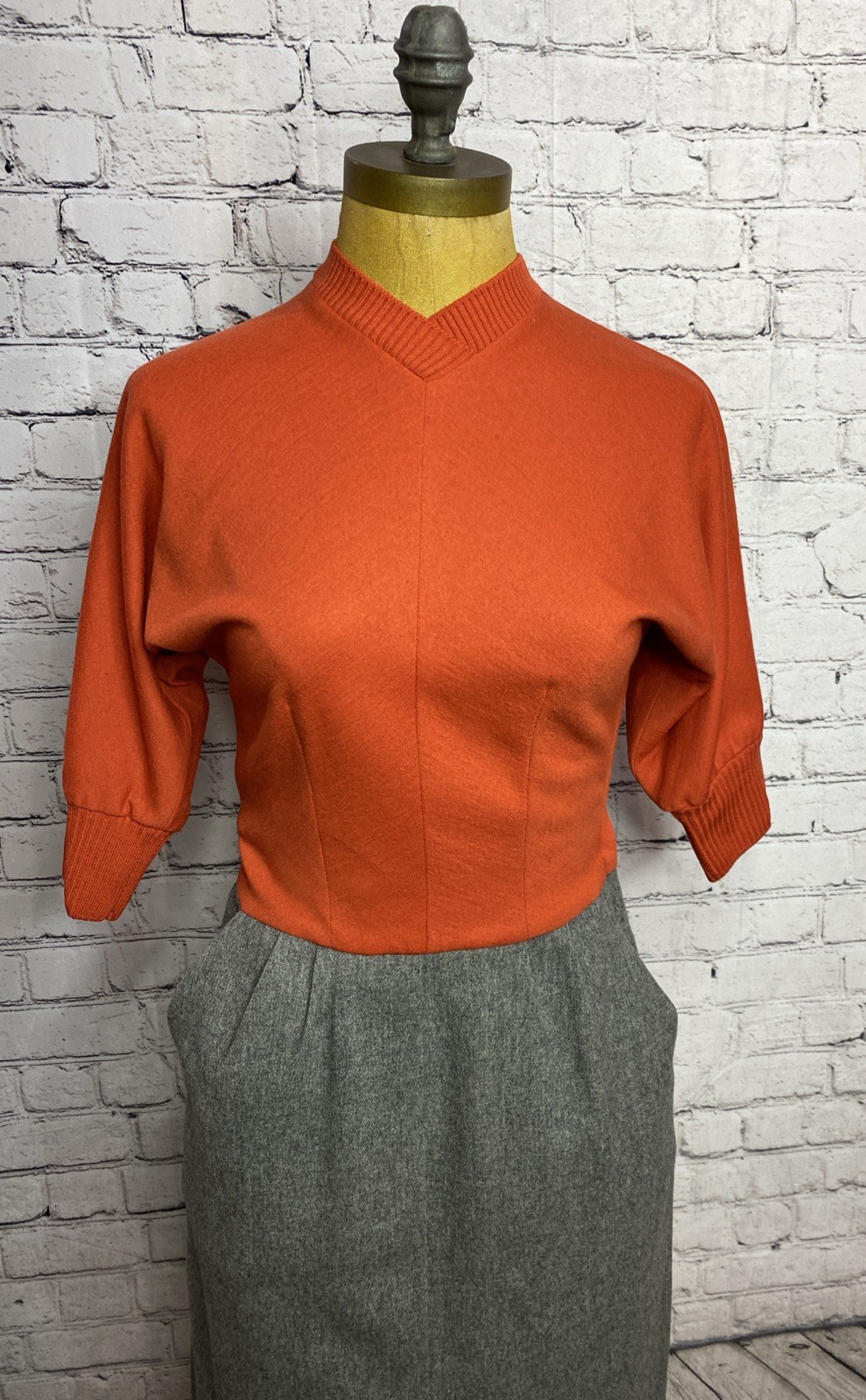 Vtg 60s Mod Marion McCoy Wool Orange Dress 3/4 Sleeve MIDI Pencil Secretary