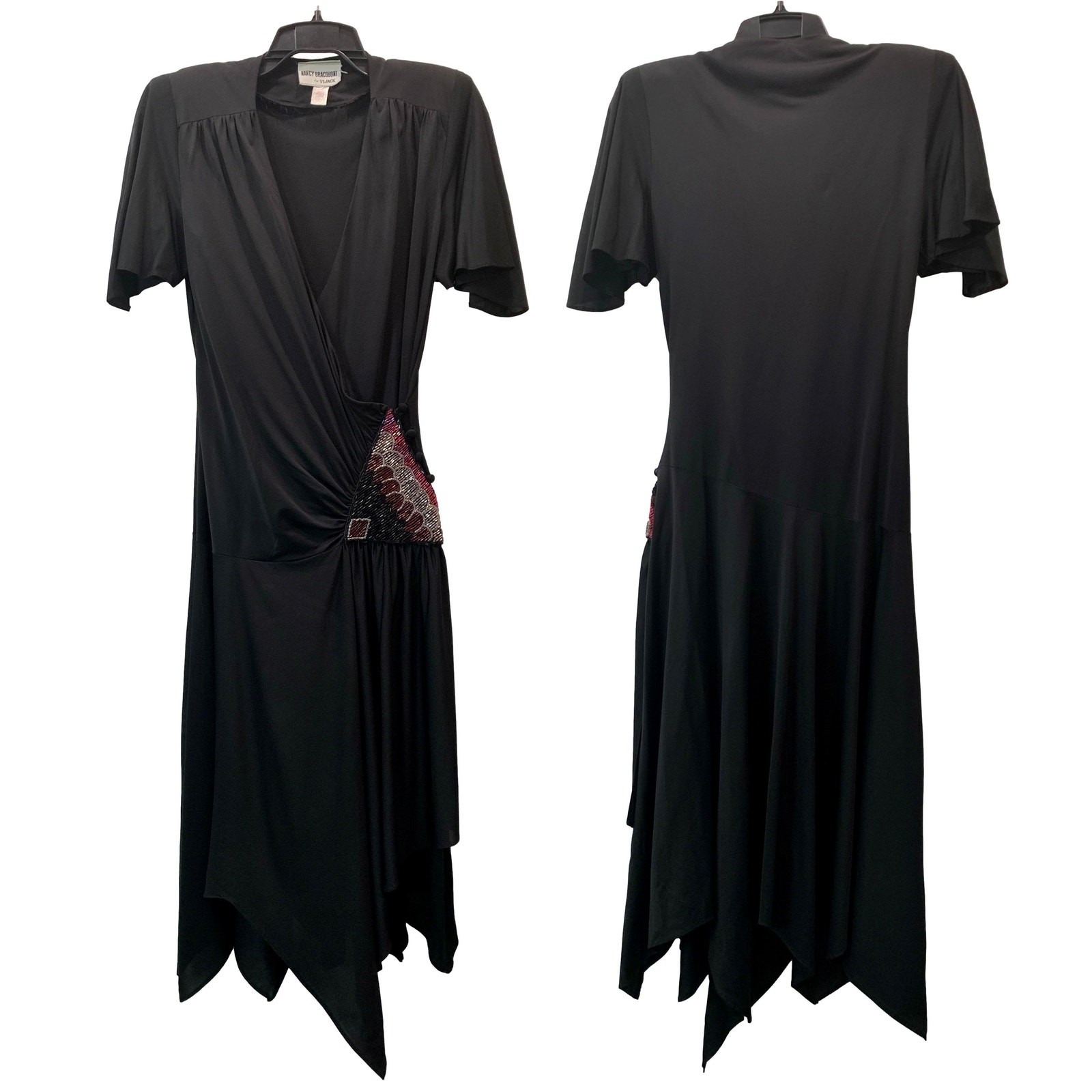 Vintage Vijack Black Beaded Wrap Dress | Nancy Bracoloni 70s 80s Scarf Hem | S