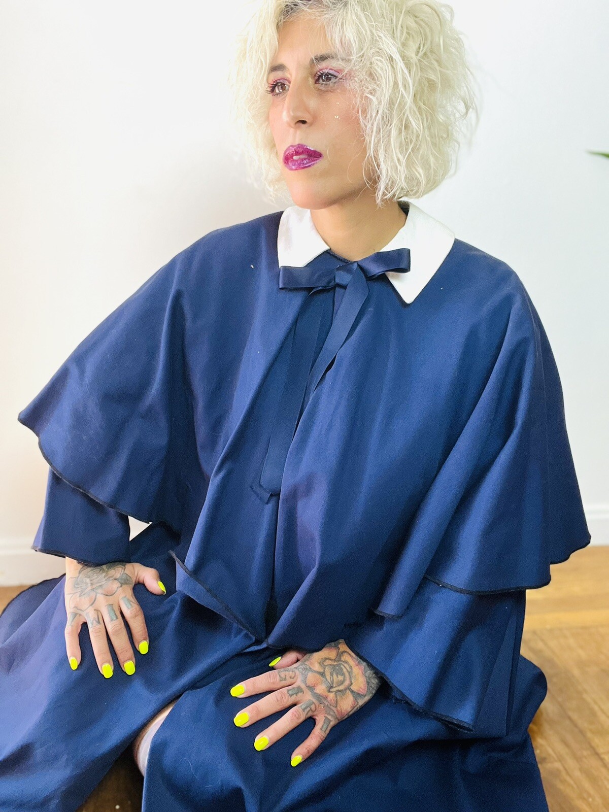 1980’s 80s Cotton Faille Oversized CAPE Peter Pan Collar Vintage Swing Coat L XL