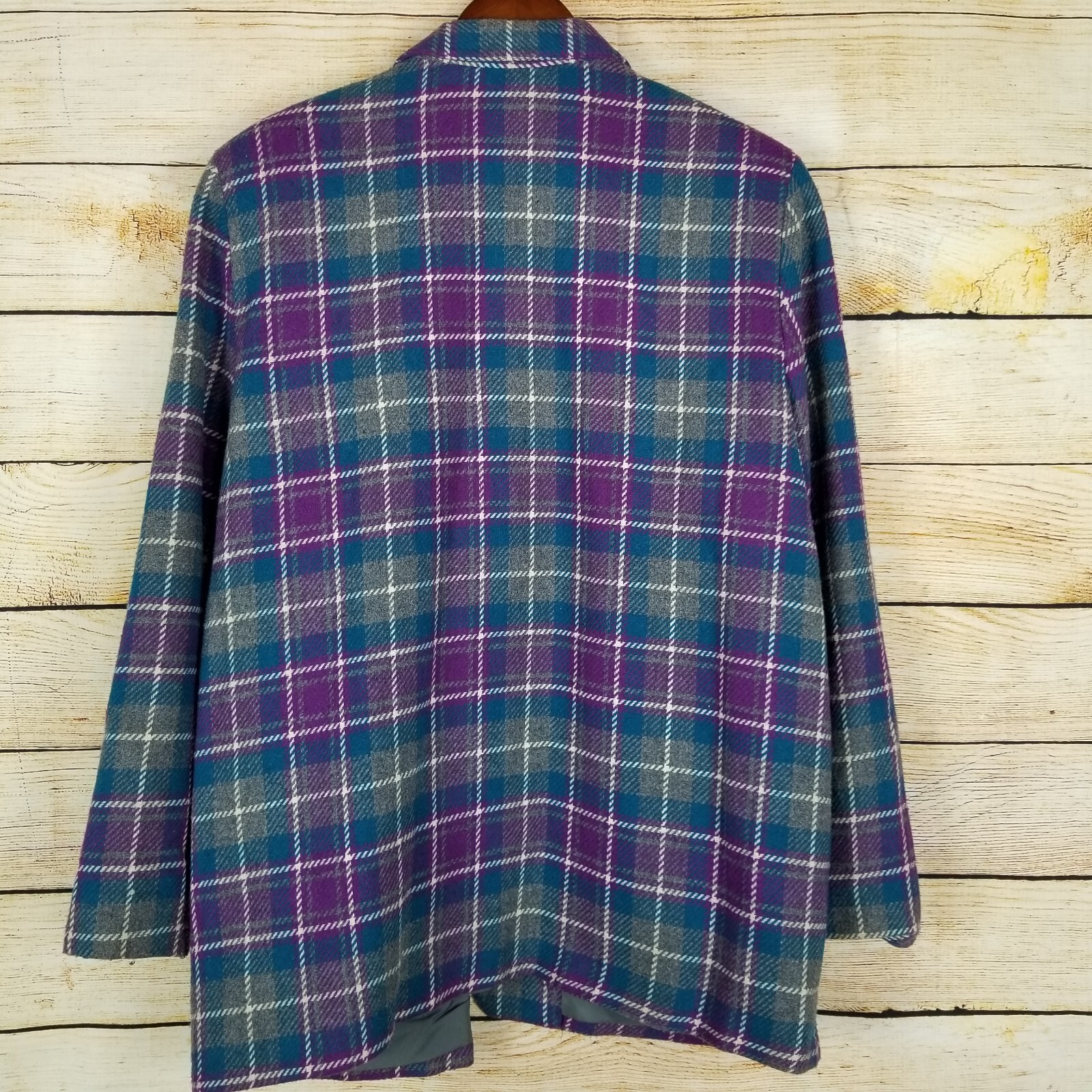 Vintage Xtrovert Blazer Jacket Size 16 Blue Gray & Purple Plaid Wool Blend