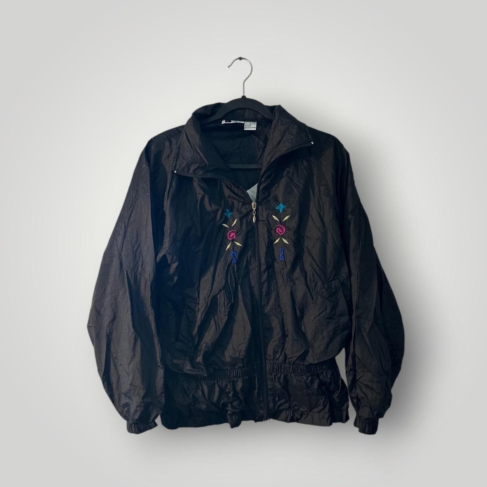 Vintage 90s Bold Spirit Black Windbreaker Track Set Women’s Size M Floral Embroi
