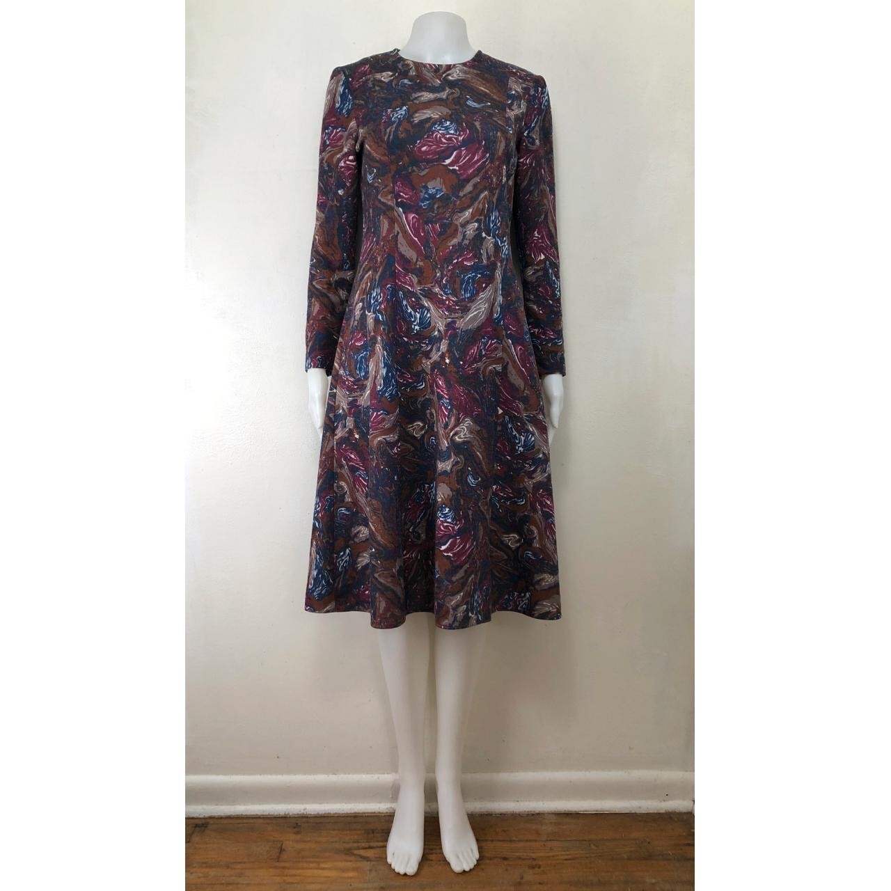 Vintage Abstract Print Dress Size Small 1980s Fine Knit Colorful Poly/Wool Blend