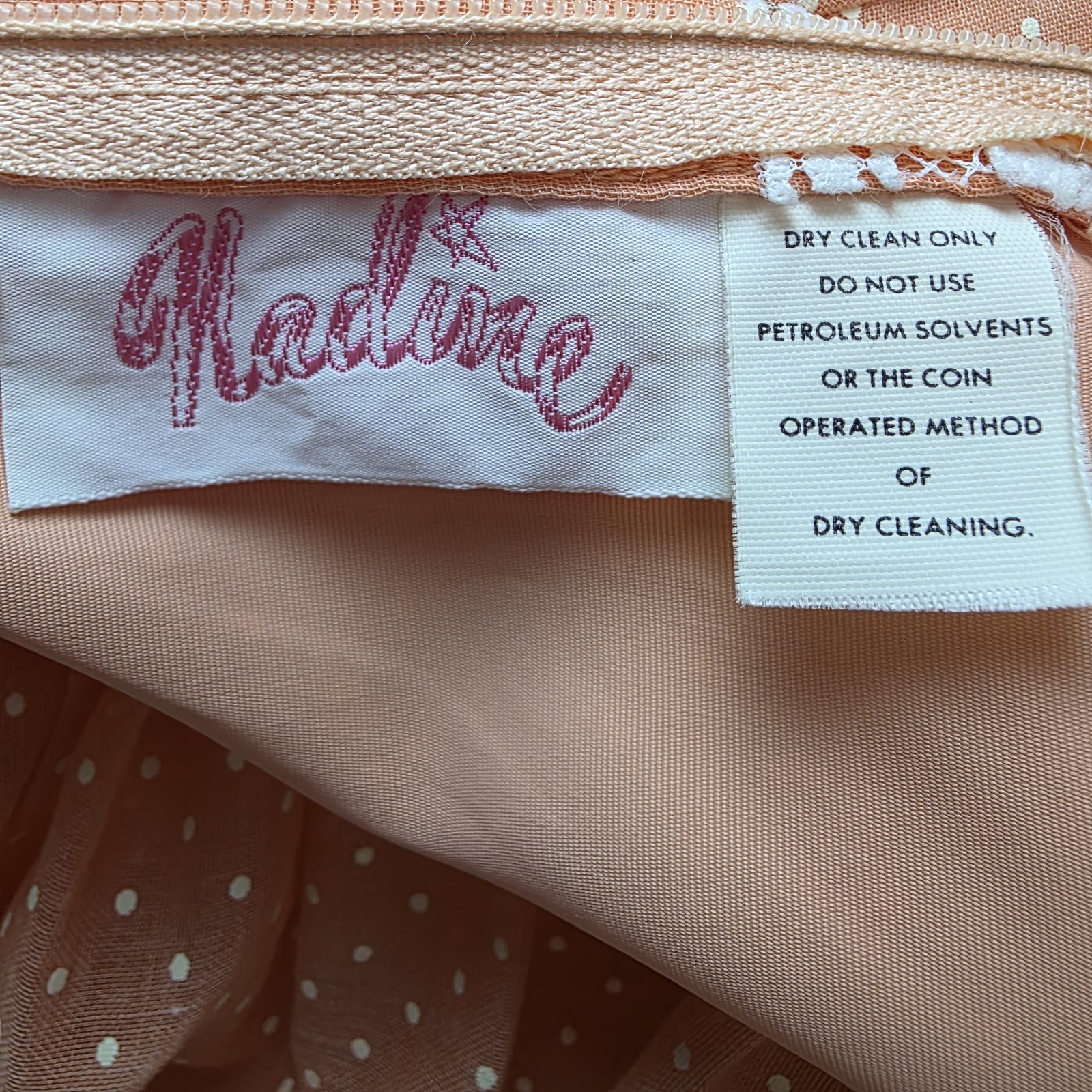Nadine VTG 1970s Peach Polka Dot Lace Maxi Dress 7 Bell Sleeve Empire Waist