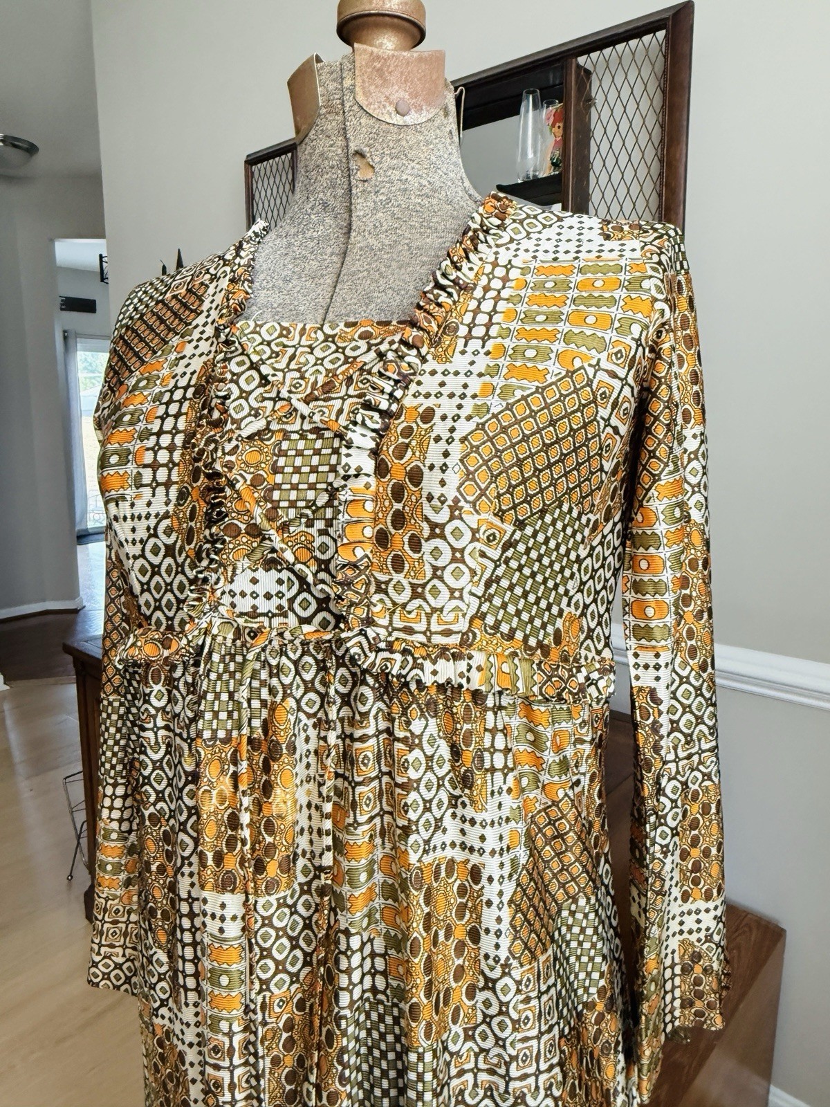 Vintage 70s Funky Print Brown And Orange Lace Up Midi Dress Size S