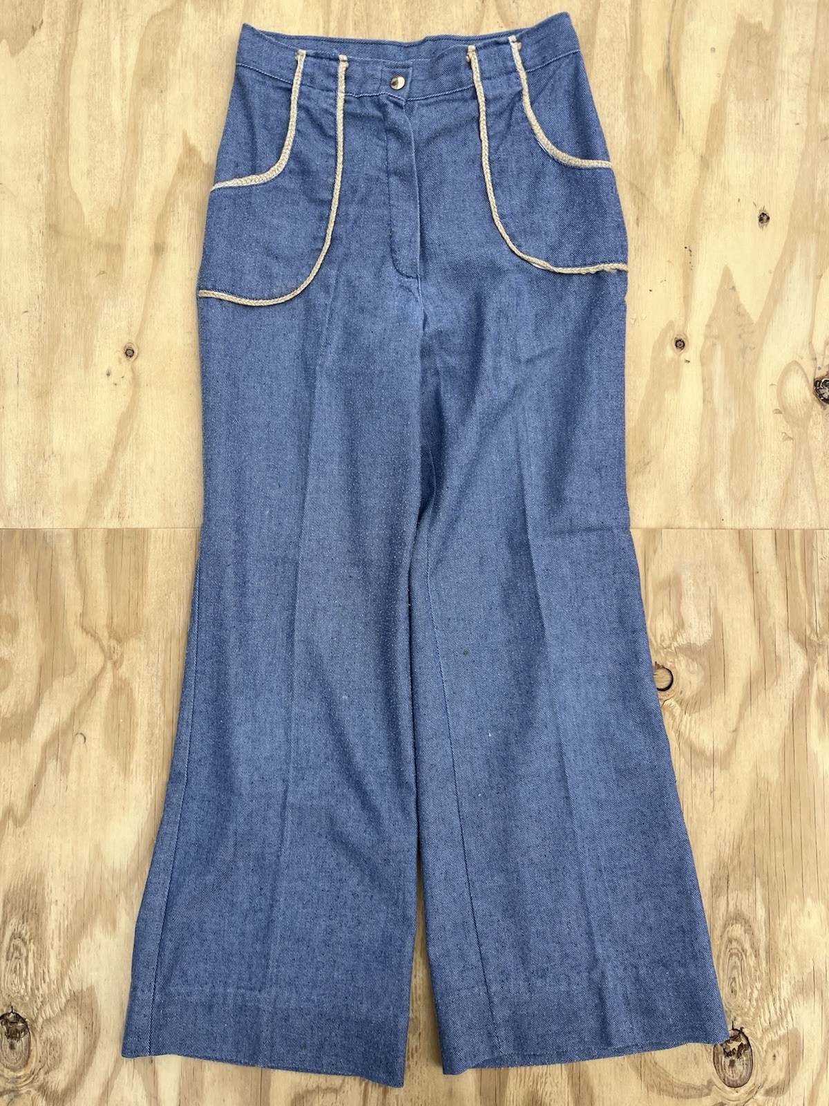 Vtg 70s Western Chambray Pants Braided Rope Trim High Waist Wide Leg Wide Leg 28