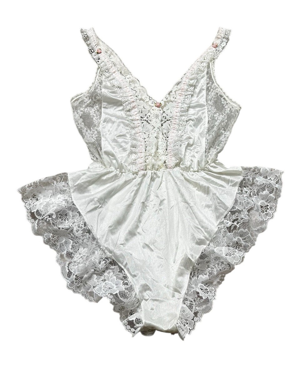 Vintage Tosca Lingerie Teddy Silky White Nylon Pink Ribbon Ruffle Lace Size S