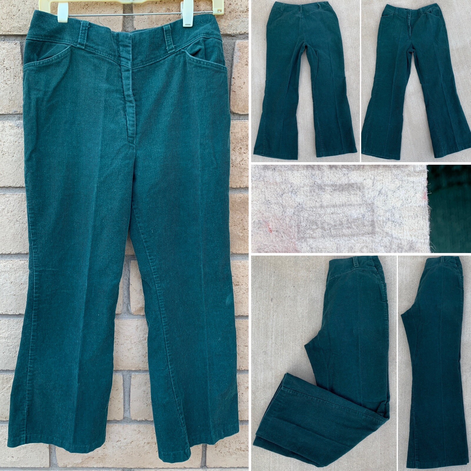 Vintage Corduroy Pants Cords Bell Bottom Flare Green Sears 29 in Waist Hippy